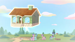 Size: 3410x1920 | Tagged: safe, screencap, delightful trifle, plum library, rufus, earth pony, pony, unicorn, g5, my little pony: tell your tale, one trick pony (episode), spoiler:g5, spoiler:my little pony: tell your tale, spoiler:tyts01e20, bowtie, female, flashback, food, frown, glasses, hat, high res, house, magic, male, mare, open mouth, shocked, smiling, stallion, surprised, telekinesis, tomato, top hat, unnamed character