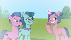 Size: 3410x1920 | Tagged: safe, screencap, cherry prancer, delightful trifle, plum library, earth pony, pony, unicorn, g5, my little pony: tell your tale, one trick pony (episode), spoiler:g5, spoiler:my little pony: tell your tale, spoiler:tyts01e20, bowtie, female, flashback, glasses, grin, high res, magic, male, mare, smiling, stallion, telekinesis, trio