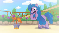 Size: 3410x1920 | Tagged: safe, screencap, izzy moonbow, pony, unicorn, g5, my little pony: tell your tale, one trick pony (episode), spoiler:g5, spoiler:my little pony: tell your tale, spoiler:tyts01e20, bracelet, community garden, female, flashback, friendship bracelet, high res, jewelry, mare, open mouth, plant, solo