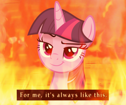 Size: 1232x1024 | Tagged: safe, artist:ramprover, twilight sparkle, alicorn, pony, g4, bust, cute, female, fire, lidded eyes, looking sideways, mare, reaction image, silent hill, smiling, smirk, solo, some mares just want to watch the world burn, text, twiabetes, twilight sparkle (alicorn), vector