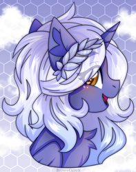 Size: 1620x2059 | Tagged: safe, artist:stesha, oc, oc only, alicorn, pony, alicorn oc, blushing, bust, chest fluff, commission, female, folded wings, horn, looking at you, mare, open mouth, open smile, portrait, profile, sky, sky background, smiling, smiling at you, solo, wings, wreath