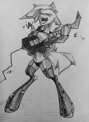 Size: 933x1280 | Tagged: safe, artist:tlen borowski, oc, oc only, oc:pythia 2072 nxkore, bat pony, pony, bipedal, clothes, electric guitar, fangs, floppy ears, guitar, monochrome, musical instrument, panties, piercing, ripped stockings, screaming, solo, stockings, thigh highs, torn clothes, underwear