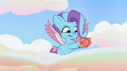 Size: 3410x1920 | Tagged: safe, screencap, glory (g5), pegasus, pony, g5, my little pony: tell your tale, one trick pony (episode), spoiler:g5, spoiler:my little pony: tell your tale, spoiler:tyts01e20, :p, bow, cellphone, cloud, female, filly, flying, foal, high res, phone, pippsqueaks, smartphone, smiling, solo, spread wings, tail, tail bow, tongue out, wings, youtube link