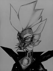 Size: 960x1280 | Tagged: safe, artist:tlen borowski, oc, oc only, pony, clothes, collar, looking at you, mask, mohawk, monochrome, solo, spikes, traditional art