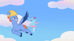 Size: 3410x1920 | Tagged: safe, screencap, glory (g5), philly, pegasus, pony, g5, my little pony: tell your tale, one trick pony (episode), spoiler:g5, spoiler:my little pony: tell your tale, spoiler:tyts01e20, clothes, duo, female, filly, flying, foal, great moments in animation, hard hat, hat, high res, male, spinning, spread wings, stallion, wings, youtube link