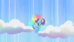 Size: 3410x1920 | Tagged: safe, screencap, glory (g5), pegasus, pony, g5, my little pony: tell your tale, one trick pony (episode), spoiler:g5, spoiler:my little pony: tell your tale, bow, eyes closed, falling, female, filly, foal, high res, open mouth, pippsqueaks, solo, tail, tail bow, youtube link