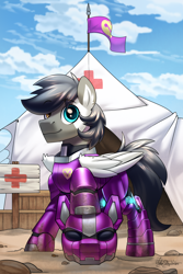 Size: 2000x3000 | Tagged: safe, artist:jedayskayvoker, oc, oc:cloudy days, pegasus, pony, armor, cloud, cloudy, commission, detailed background, dirt, flag, folded wings, helmet, heterochromia, high res, looking at you, male, medic, pegasus oc, power armor, shiny, smiling, solo, stallion, wings