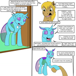 Size: 1280x1280 | Tagged: safe, artist:termyotter, oc, oc only, changedling, changeling, pony, atg 2022, dialogue, duo, newbie artist training grounds, sweat