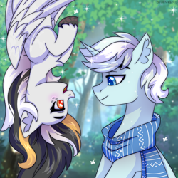 Size: 2500x2500 | Tagged: safe, artist:stesha, oc, oc only, oc:storm cloud river's, pegasus, pony, unicorn, blue eyes, bust, chest fluff, clothes, female, folded wings, grass, hanging, hanging upside down, high res, horn, looking at each other, looking at someone, male, mare, multicolored mane, open mouth, open smile, pegasus oc, scarf, sitting, smiling, smiling at each other, stallion, tree, unicorn oc, upside down, wings