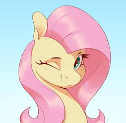 Size: 2819x2753 | Tagged: safe, artist:aquaticvibes, fluttershy, pegasus, pony, bust, cute, female, high res, looking at you, mare, one eye closed, portrait, shyabetes, smiling, solo, wink