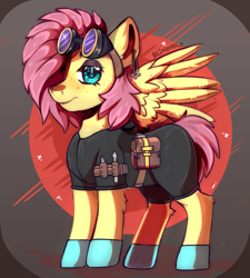 Size: 1800x2000 | Tagged: safe, artist:freak-side, fluttershy, pegasus, pony, g4, alternate hairstyle, alternate universe, clothes, costume, dangerous mission outfit, ear piercing, goggles, hoodie, piercing, short mane, short tail, solo, tail