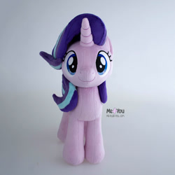 Size: 1500x1500 | Tagged: safe, artist:meplushyou, starlight glimmer, pony, unicorn, g4, cute, female, gray background, irl, looking at you, mare, photo, plushie, simple background, smiling, smiling at you, solo, watermark