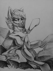 Size: 960x1280 | Tagged: safe, artist:tlen borowski, limestone pie, earth pony, pony, g4, angry, leaning back, monochrome, rock, solo, traditional art