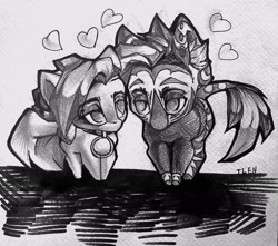 Size: 2448x2160 | Tagged: safe, artist:tlen borowski, oc, oc only, oc:tlen borowski, oc:黑色日落, pegasus, pony, zebra, chibi, collar, duo, high res, looking at each other, looking at someone, monochrome, traditional art