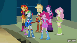 Size: 640x360 | Tagged: safe, screencap, applejack, fluttershy, pinkie pie, rainbow dash, spike, sunset shimmer, twilight sparkle, dog, human, equestria girls, g4, my little pony equestria girls: rainbow rocks, animated, applejack's hat, belt, boots, clothes, cowboy boots, cowboy hat, cutie mark on clothes, denim, denim skirt, electric guitar, eyes closed, female, gif, gifs.com, guitar, hairpin, hat, male, musical instrument, shoes, skirt, smiling, spike the dog, tambourine