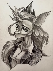 Size: 1440x1920 | Tagged: safe, artist:tlen borowski, princess luna, alicorn, anthro, g4, alternate hairstyle, clothes, looking at you, monochrome, solo, traditional art