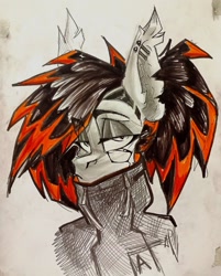 Size: 1547x1920 | Tagged: safe, artist:tlen borowski, oc, oc:altered karbon, bat pony, clothes, cyberpunk, ear piercing, implants, industrial piercing, looking at you, neo noir, partial color, piercing, ponytail, solo, torn ear, traditional art