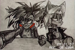 Size: 2560x1692 | Tagged: safe, artist:tlen borowski, oc, oc only, oc:altered karbon, oc:tlen borowski, bat pony, pegasus, pony, amputee, clothes, collar, duo, ear piercing, implants, industrial piercing, jacket, leather, leather jacket, looking at you, neo noir, partial color, piercing, ponytail, prosthetic limb, prosthetics, timestamp, tongue out, traditional art
