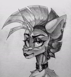 Size: 1767x1920 | Tagged: safe, artist:tlen borowski, oc, oc only, oc:fragile string (scarlet rebel), pony, unicorn, collar, ear piercing, makeup, mohawk, mole, monochrome, piercing, solo