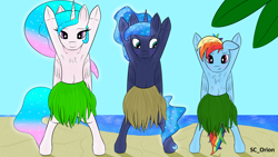 Size: 3840x2160 | Tagged: safe, artist:sc_orion, princess celestia, princess luna, rainbow dash, alicorn, pegasus, pony, g4, armpits, beach, bipedal, blushing, chest fluff, clothes, embarrassed, ethereal mane, grass skirt, high res, horn, hula, multiple variants, skirt, water, wings