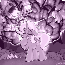 Size: 1200x1200 | Tagged: safe, artist:llametsul, trixie, bear, pony, robot, unicorn, g4, atg 2022, blast, boasting, cute, diatrixes, explosion, eyes closed, eyeshadow, female, fight, giant robot, grayscale, horn, magic, magic blast, makeup, mare, monochrome, newbie artist training grounds, open mouth, open smile, plushie, smiling, solo, tail, talking, teddy bear