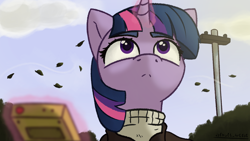 Size: 3840x2160 | Tagged: safe, artist:d3f4ult_4rt1st, twilight sparkle, pony, unicorn, g4, abandoned, bag, chernobyl, clothes, geiger counter, high res, magic, post-apocalyptic, s.t.a.l.k.e.r., saddle bag, solo, soviet union, sweater, wind