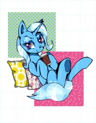 Size: 1470x1885 | Tagged: safe, artist:stacy_165cut, trixie, pony, unicorn, g4, coffee, cup, drink, female, hoof hold, horn, looking at you, lying down, mare, on back, partial background, pillow, simple background, solo, steam, underhoof, white background