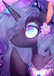Size: 2149x3035 | Tagged: safe, artist:dreamsugar, princess luna, alicorn, pony, g4, bust, ethereal mane, female, flower, flower in hair, high res, horn, jewelry, mare, portrait, profile, regalia, solo, wings