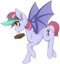 Size: 2153x2274 | Tagged: safe, artist:those kids in the corner, oc, oc only, oc:peppermint parcel, bat pony, pony, bat pony oc, female, flying, hair tie, hat, high res, mare, package, simple background, solo, transparent background, wings