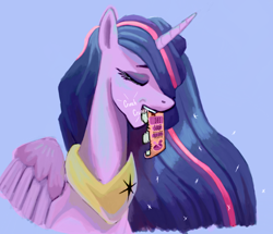 Size: 1208x1041 | Tagged: safe, artist:thelastenforcement, twilight sparkle, alicorn, pony, g4, the last problem, bibliovore, blue background, book, bust, crunch, eating, older, older twilight, older twilight sparkle (alicorn), peytral, pica, portrait, princess twilight 2.0, simple background, solo, twilight sparkle (alicorn), wat