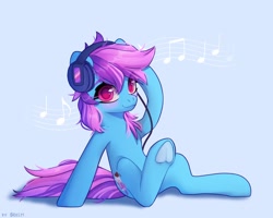 Size: 2500x2000 | Tagged: safe, artist:shelti, oc, oc only, oc:nohra, earth pony, pony, blushing, earth pony oc, eyebrows, female, headphones, listening to music, looking at you, mare, music notes, simple background, smiling, solo