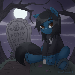 Size: 2048x2048 | Tagged: safe, artist:bluecocoaart, earth pony, pony, undead, zombie, zombie pony, bags under eyes, black hair, bone, bring me the horizon, clothes, colored pupils, commission, fangs, flower, frown, full moon, grass, gravestone, graveyard, high res, hoodie, horseshoes, long sleeves, looking at you, moon, night, night sky, oliver sykes, outdoors, ponified, scar, shirt, sitting, sky, solo, tattoo, tree, underhoof, ych result