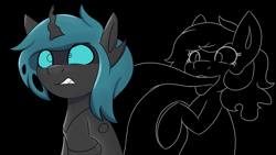 Size: 2048x1152 | Tagged: safe, artist:askhypnoswirl, oc, oc only, changeling, ghost, ghost pony, pony, undead, bipedal, black background, darkness, duo, eye clipping through hair, fangs, female, gritted teeth, male, mare, open mouth, pinpoint eyes, raised hooves, simple background, soul vore, stallion, teeth, tongue out, vore