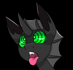 Size: 2141x2060 | Tagged: safe, artist:askhypnoswirl, oc, oc only, changeling, black background, fangs, high res, hypno eyes, hypnosis, hypnotized, kaa eyes, male, open mouth, simple background, solo, stallion, swirly eyes, tongue out