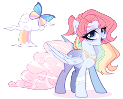 Size: 1428x1146 | Tagged: safe, artist:gihhbloonde, oc, pegasus, pony, blue eyes, eyeshadow, female, folded wings, gradient body, jewelry, magical lesbian spawn, makeup, mare, necklace, offspring, open mouth, parent:fluttershy, parent:rainbow dash, parents:flutterdash, pegasus oc, ponytail, simple background, smiling, solo, standing, transparent background, wings