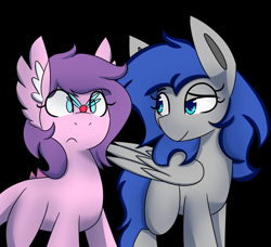 Size: 2048x1871 | Tagged: safe, artist:askhypnoswirl, oc, oc only, oc:melon, original species, parasprite, pegasus, pony, black background, colored pupils, duo, ear fluff, female, folded wings, frown, insect on nose, mare, no pupils, raised eyebrow, simple background, smiling, wing ears, wings