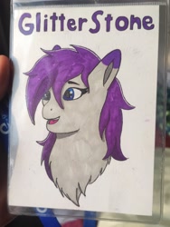 Size: 2250x3000 | Tagged: safe, artist:autumnsfur, oc, oc only, oc:glitter stone, badge, blue eyes, bust, chest fluff, con badge, convention, female, gray coat, happy, high res, mare, name, portrait, purple hair, simple background, solo, traditional art