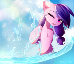 Size: 1600x1389 | Tagged: safe, artist:shavurrr, oc, oc only, oc:crystal dust, pegasus, pony, bipedal, cloud, commission, complex background, eyebrows, eyebrows visible through hair, female, mare, one eye closed, open mouth, pegasus oc, smiling, solo, splash, splashing, summer, two toned mane, water, ych result