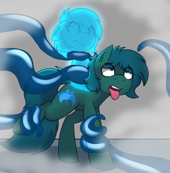 Size: 2013x2048 | Tagged: safe, artist:askhypnoswirl, oc, oc only, oc:poison trail, earth pony, pony, bound, cute little fangs, eye clipping through hair, eyebrows, eyebrows visible through hair, eyes rolling back, fangs, floppy ears, fog, high res, male, no pupils, simple background, solo, soul, soul stealing, stallion, tentacles, tongue out, worried