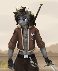 Size: 1382x1701 | Tagged: safe, artist:ctamina, oc, oc only, unicorn, anthro, abs, clothes, desert, femboy, gloves, male, outfit, patch, scar, sword, weapon