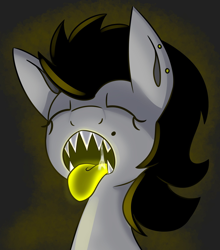 Size: 1800x2048 | Tagged: safe, artist:askhypnoswirl, oc, oc only, earth pony, pony, colored tongue, ear piercing, eyes closed, female, mare, open mouth, piercing, sharp teeth, simple background, solo, teeth, tongue out, yellow background