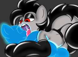 Size: 2048x1509 | Tagged: safe, artist:askhypnoswirl, oc, oc only, oc:paulpeoples, earth pony, pony, clothes, drool, drool string, duo, eyeshadow, gray background, latex, latex socks, lidded eyes, makeup, open mouth, red eyes, shiny, simple background, socks, soul, soul vore, tongue out, vore, worried