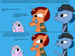 Size: 2000x1500 | Tagged: safe, artist:blazewing, oc, oc only, oc:pastel macaroon, oc:syntax, oc:tough cookie, earth pony, pony, unicorn, 2 panel comic, atg 2022, aunt and niece, blue background, chubby, clothes, colored background, comic, drawpile, fat, fedora, female, filly, foal, freckles, glasses, hat, jacket, male, mare, newbie artist training grounds, raised hooves, simple background, stallion, text, vest