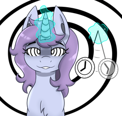 Size: 2048x1955 | Tagged: safe, artist:askhypnoswirl, oc, oc only, pony, unicorn, chest fluff, eyebrows, eyebrows visible through hair, female, front view, hypno eyes, hypnosis, kaa eyes, lidded eyes, looking at you, magic, mare, pendulum swing, simple background, solo, swirls, swirly eyes, white background