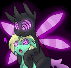 Size: 2048x1947 | Tagged: safe, artist:askhypnoswirl, oc, oc only, changeling, pony, unicorn, black background, drool, duo, floating heart, floppy ears, glowing, glowing wings, heart, hug, hypno eyes, hypnosis, hypnotized, kaa eyes, open mouth, purple changeling, simple background, smiling, wings