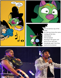 Size: 868x1114 | Tagged: safe, edit, idw, cheerilee, earth pony, human, pony, friendship is magic #29, g4, spoiler:comic, aew, anthony bowens, irl, irl human, mask, max caster, mystery mare, photo, surprise entrance meme, the acclaimed, wrestler