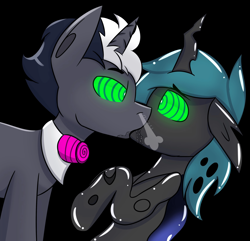 Size: 2048x1974 | Tagged: safe, artist:askhypnoswirl, oc, oc only, oc:hypno swirl, changeling, pony, unicorn, black background, bowtie, drool, duo, floppy ears, forced kiss, huff, hypno eyes, hypnosis, hypnotized, kaa eyes, kiss on the lips, kissing, leaning forward, looking into each others eyes, onomatopoeia, raised hoof, shiny, simple background
