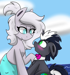 Size: 1922x2048 | Tagged: safe, artist:askhypnoswirl, oc, oc only, oc:hypno swirl, merpony, pony, unicorn, blushing, bowtie, cloud, floppy ears, looking into each others eyes, looking up, ocean, ponytail, sitting, smiling, solo, water