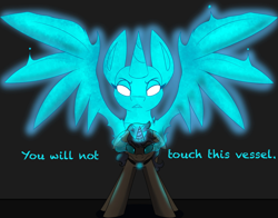 Size: 2048x1602 | Tagged: safe, artist:askhypnoswirl, oc, oc only, alicorn, pony, unicorn, context needed, dialogue, front view, jewelry, lidded eyes, magic, necklace, possessed, protecting, simple background, solo, sombra eyes, spirit, spread wings, wings