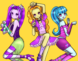 Size: 5000x3913 | Tagged: safe, artist:melonche, adagio dazzle, aria blaze, sonata dusk, human, equestria girls, g4, clothes, cute, female, gem, headband, jewelry, looking at you, necklace, open mouth, open smile, simple background, siren gem, skirt, smiling, smiling at you, spiked headband, spiked wristband, the dazzlings, trio, trio female, wristband, yellow background